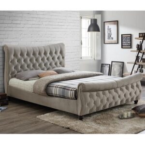 Berthold King Size Bed In Warm Stone With Dark Wood Feet