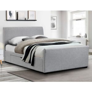 Cactus Linen Fabric Double Bed In Light Grey With 2 Drawers