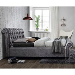 Castello Side Ottoman Double Bed In Steel Crushed Velvet