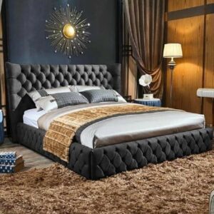 Radium Plush Velvet Upholstered Double Bed In Steel