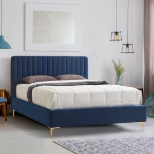 Lenox Velvet Fabric Double Bed In Blue With Gold Metal Legs