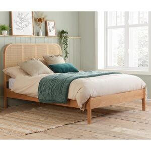 Margot Wooden Super King Size Bed In Oak With Rattan Headboard