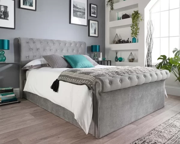 Grey Velvet Scroll Top Chesterfield Ottoman Storage Bed