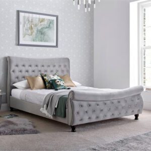 Orem Velvet Chesterfield Sleigh Double Bed In Grey