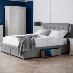 Fauna Fabric Double Bed With 4 Drawers In Grey