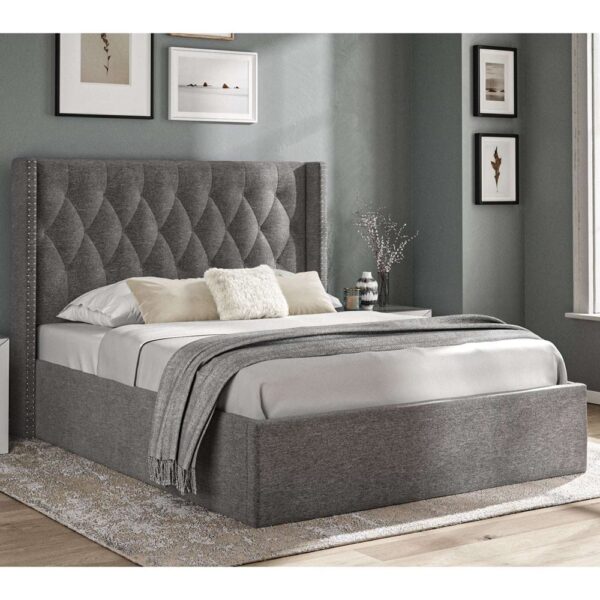 Arvada Fabric Storage Ottoman King Size Bed In Dark Grey