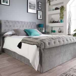 Grey Velvet Scroll Top Chesterfield Ottoman Storage Bed