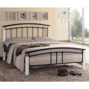 Tetron Metal Double Bed In Black With White Wooden Posts