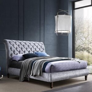 Venice Velvet Double Bed In Grey With Black Wooden Legs