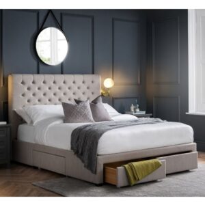 Walsh Linen Fabric King Size Bed With 4 Drawers In Grey